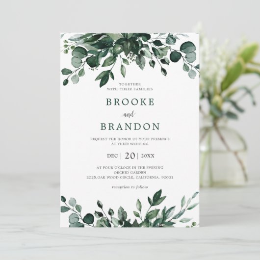 Emerald Greenery Eucalyptus Botanical Wedding Invi Einladung (Stehend Vorderseite)