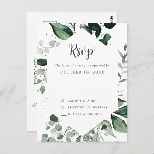 Emerald Greenery Eucalyptus Botanical Wedding RSVP Postkarte (Vorne/Hinten)