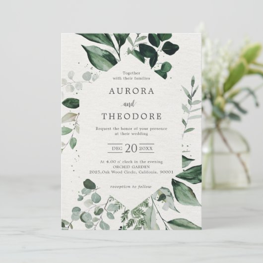 Emerald Greenery Eucalyptus Botanische Hochzeit Einladung (Stehend Vorderseite)