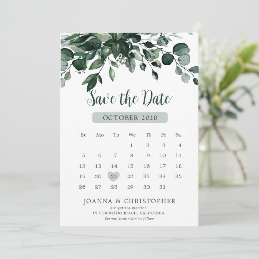 Emerald Greenery Eucalyptus Botanische Hochzeit Save The Date (Stehend Vorderseite)