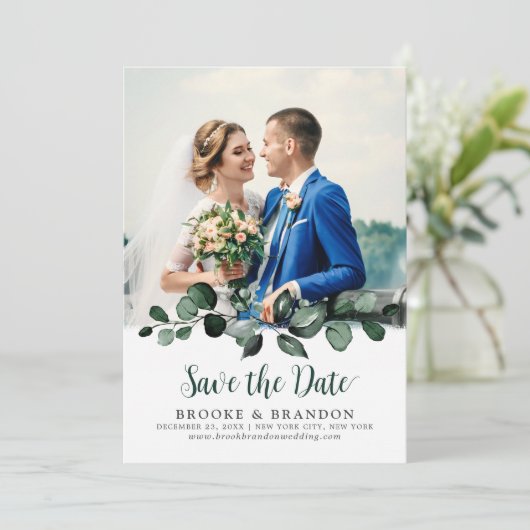 Emerald Greenery Eucalyptus Botanische Hochzeit Save The Date (Stehend Vorderseite)