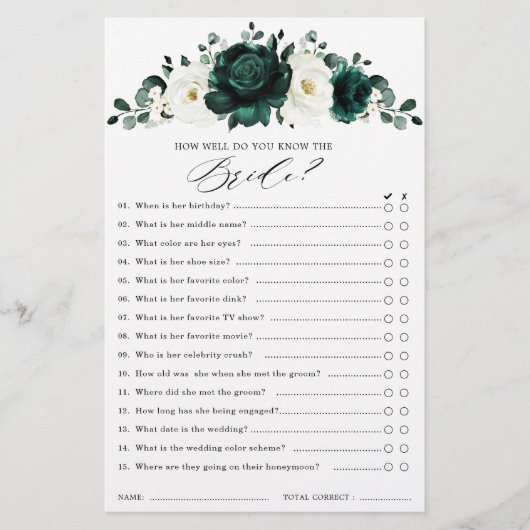 Emerald Greenery Eucalyptus Brautparty Game (Vorderseite)