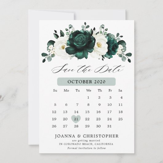 Emerald Greenery Eucalyptus White Floral Calendar Save The Date (Vorderseite)