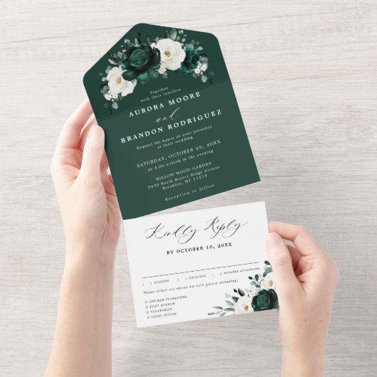 Emerald Greenery Eucalyptus White Floral Wedding A All In One Einladung (Abreißen)