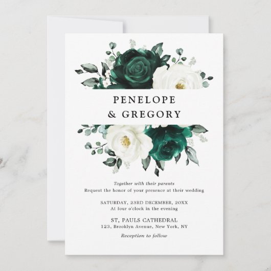 Emerald Greenery Eucalyptus White Floral Wedding Einladung (Vorderseite)