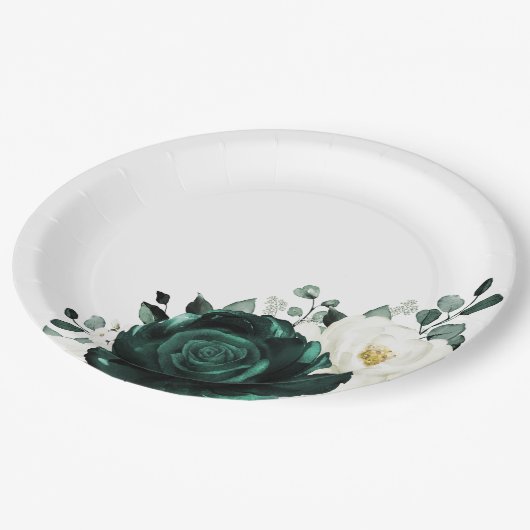 Emerald Greenery Eucalyptus White Floral Wedding Pappteller (Schrägansicht)