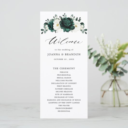 Emerald Greenery Eucalyptus White Floral Wedding Programm (Stehend Vorderseite)