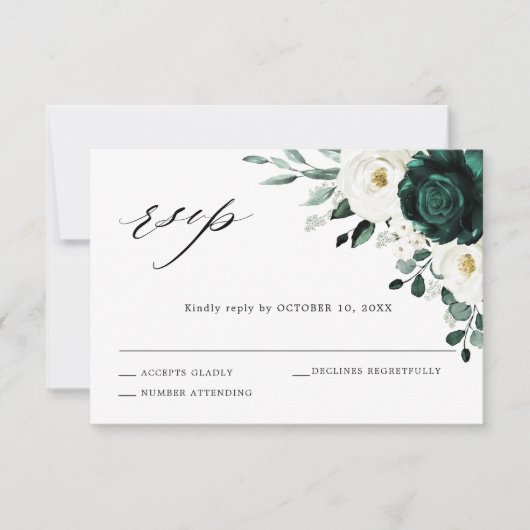 Emerald Greenery Eucalyptus White Floral Wedding RSVP Karte (Vorderseite)