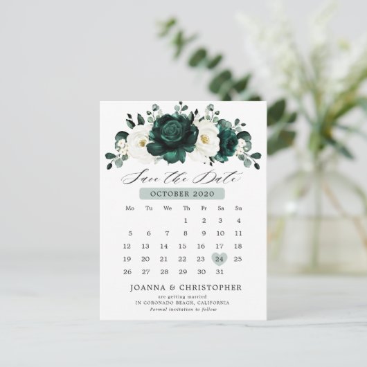 Emerald Greenery Eucalyptus White Save the Date Postkarte (Stehend Vorderseite)