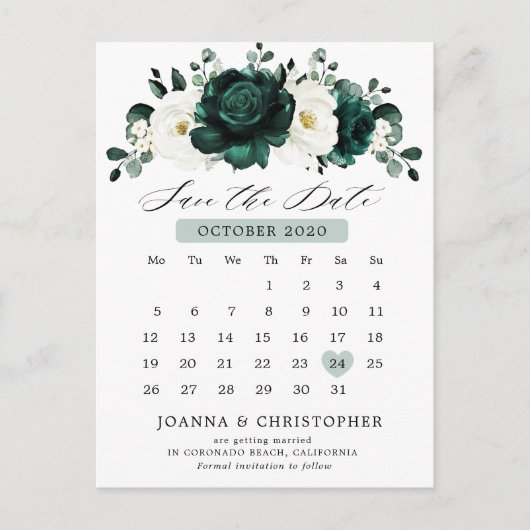 Emerald Greenery Eucalyptus White Save the Date Postkarte (Vorderseite)