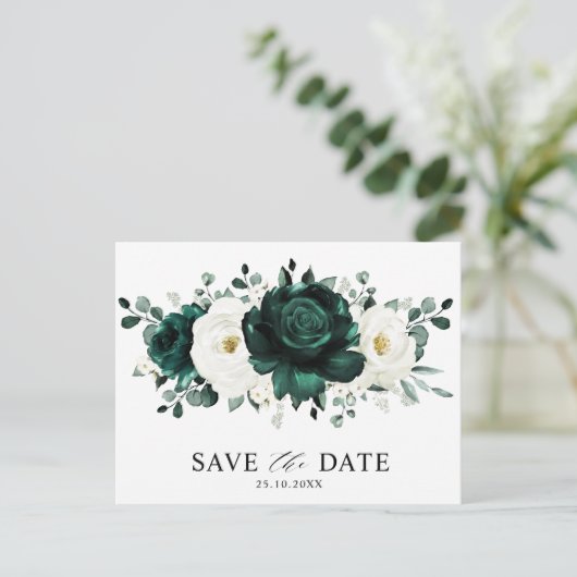 Emerald Greenery Eucalyptus White Save the Date Postkarte (Stehend Vorderseite)