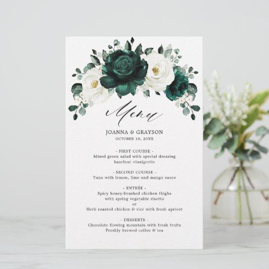 Emerald Greenery Eucalyptus White Wedding Menu (Stehend Vorderseite)