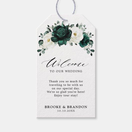 Emerald Greenery Eucalyptus White Wedding Willkomm Geschenkanhänger (Vorderseite)