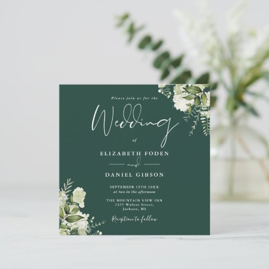 Emerald Greenery Floral Monogram Square Wedding Einladung (Stehend Vorderseite)