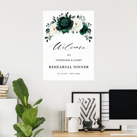 Emerald Greenery Floral Probe Dinner Willkommen Poster (Heimbüro)