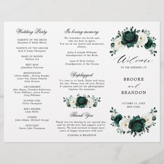 Emerald Greenery Floral Wedding Tri-Fold Programm (Vorderseite)