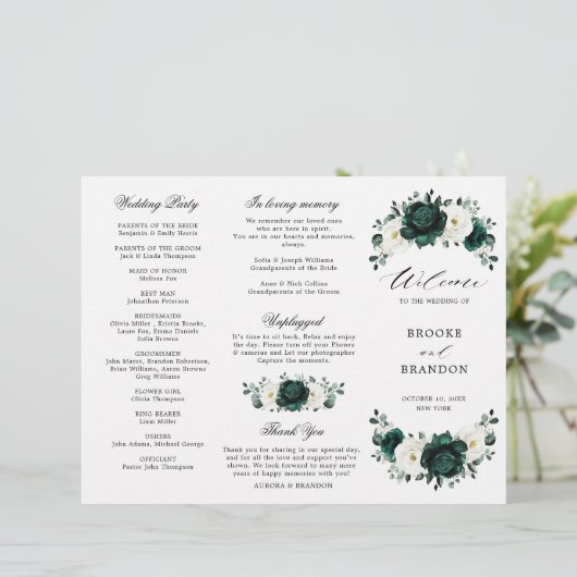 Emerald Greenery Floral Wedding Tri-Fold Programm (Stehend Vorderseite)