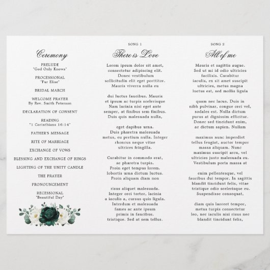 Emerald Greenery Floral Wedding Tri-Fold Programm (Rückseite)