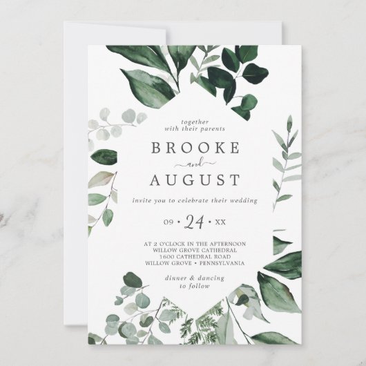 Emerald Greenery Foto QR Code Back Wedding Einladung (Vorderseite)