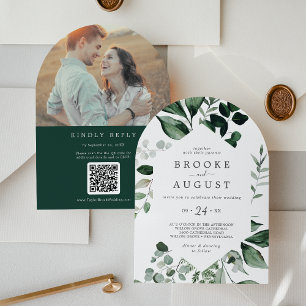 Emerald Greenery Foto QR Code Boho Arch Wedding Einladung
