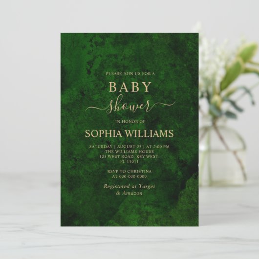 Emerald Greenery & Gold Calligraphy Baby Shower Einladung (Stehend Vorderseite)