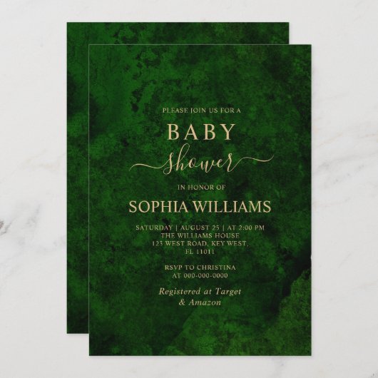 Emerald Greenery & Gold Calligraphy Baby Shower Einladung (Vorne/Hinten)