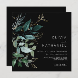 Emerald Greenery Gold Leaf Foliage Dark Wedding Einladung