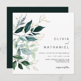 Emerald Greenery Gold Leaf Foliage Wedding Einladung