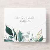 Emerald Greenery Gold Leaf Hochzeit in einem All In One Einladung (Rückseite)