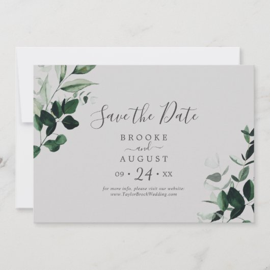 Emerald Greenery | Grau horizontal Save The Date (Vorderseite)