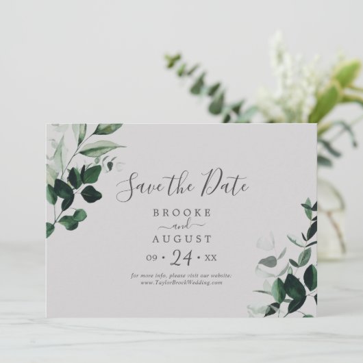 Emerald Greenery | Grau horizontal Save The Date (Stehend Vorderseite)