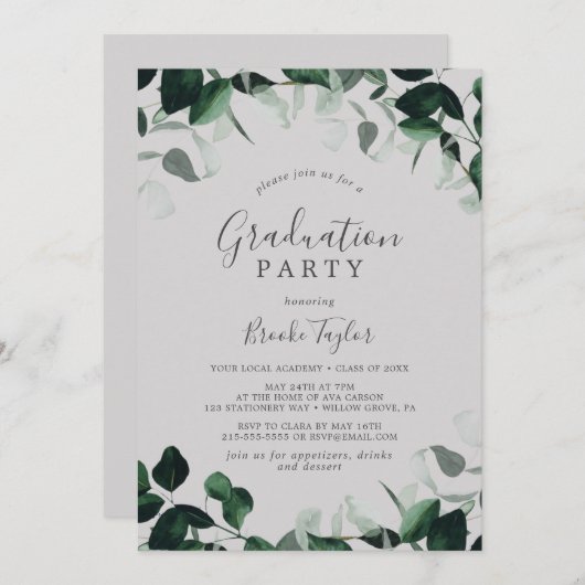 Emerald Greenery | Gray Graduation Party Einladung (Vorne/Hinten)