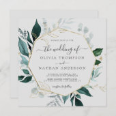 Emerald Greenery Gray Square Gold Leaf Wedding Einladung (Vorne/Hinten)