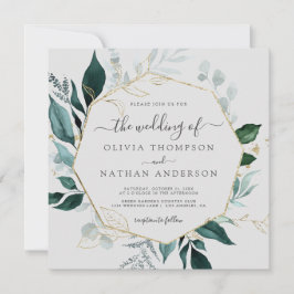 Emerald Greenery Gray Square Gold Leaf Wedding Einladung