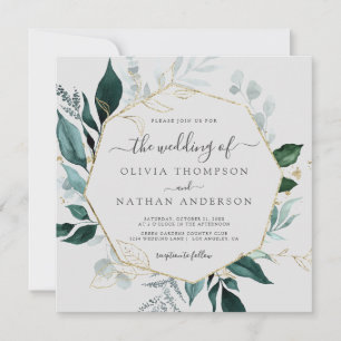 Emerald Greenery Gray Square Gold Leaf Wedding Einladung