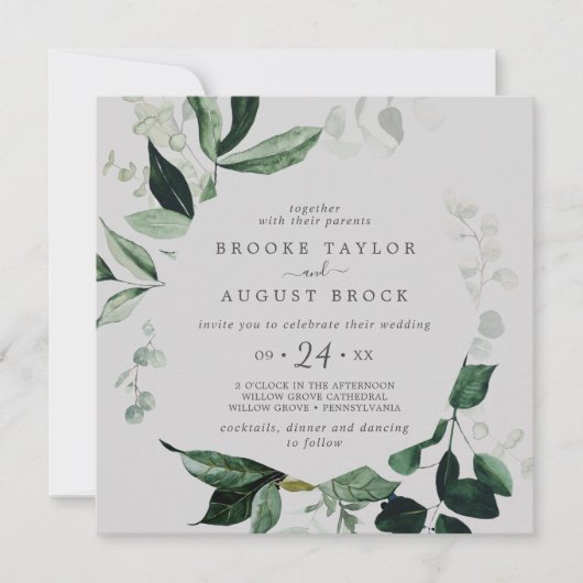 Emerald Greenery | Gray Square Wedding Einladung (Vorderseite)