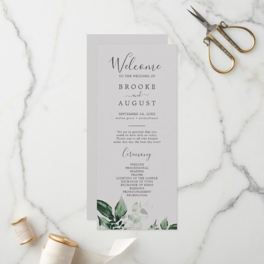 Emerald Greenery | Gray Wedding Program Programm (Vorderseite/Rückseite Beispiel)