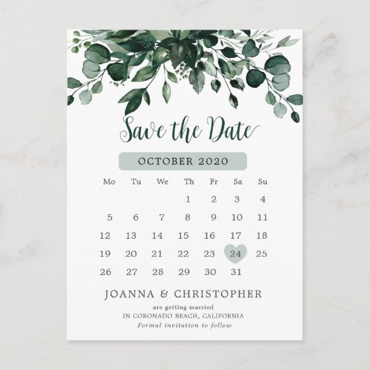 Emerald Greenery Green Eucalyptus Save the Date Postkarte (Vorderseite)