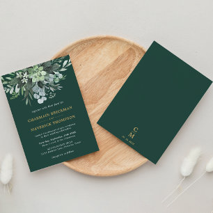 Emerald Greenery Green leaf Gold Monogram Wedding Einladung