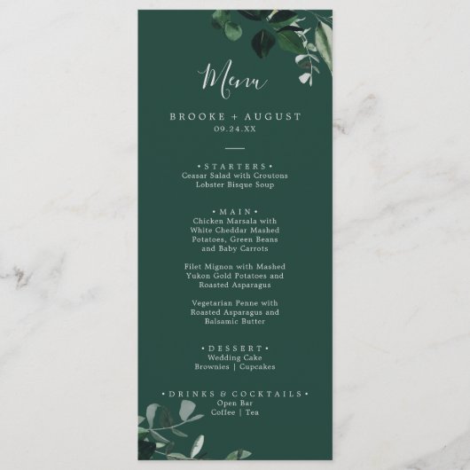 Emerald Greenery | Green Wedding Dinner Menu Menükarte (Vorderseite)