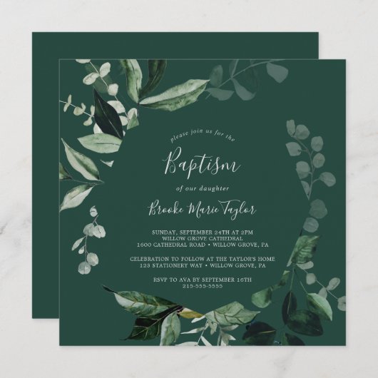 Emerald Greenery | Grüne Taufe Einladung (Vorne/Hinten)