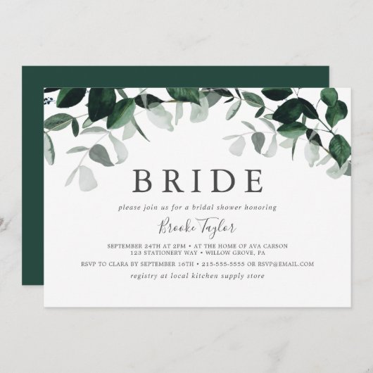 Emerald Greenery Horizontal Bride Brautparty Einladung (Vorne/Hinten)