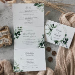 Emerald Greenery | Leaf Back Wedding All in one Dreifach Gefaltete Einladung<br><div class="desc">Dieses smaragdgrüne Blatt Rückseite Hochzeit alles in einer dreifach Einladung ist perfekt für eine boho Hochzeit. Das elegante und dennoch rustikale Design besticht durch stimmungsvolle, dunkelgrüne Blätter und Eukalyptus mit einem modernen böhmischen Waldgefühl. Ihre gesamte Hochzeitssuite in einem! Diese gefaltete Einladung beinhaltet Ihre Hochzeitseinladung, Details und eine selbst adressierte RSVP-Karte,...</div>