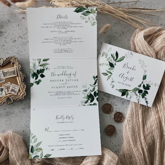 Emerald Greenery | Leaf Back Wedding All in one Dreifach Gefaltete Einladung