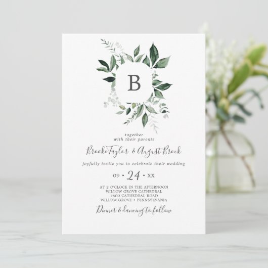 Emerald Greenery Monogram Wedding Einladung (Stehend Vorderseite)