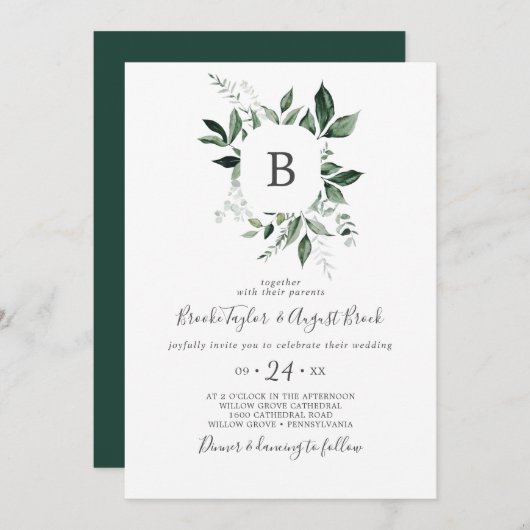Emerald Greenery Monogram Wedding Einladung (Vorne/Hinten)