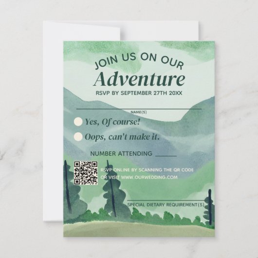 Emerald Greenery Mountain Pine QR Code Wedding RSVP Karte (Vorderseite)