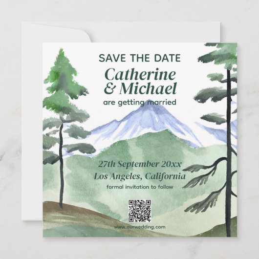 Emerald Greenery Mountain Rustic QR Code Wedding Save The Date (Vorderseite)