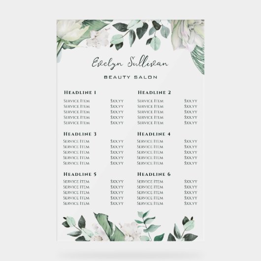 Emerald Greenery Preisliste Acrylschild (Vorderseite)