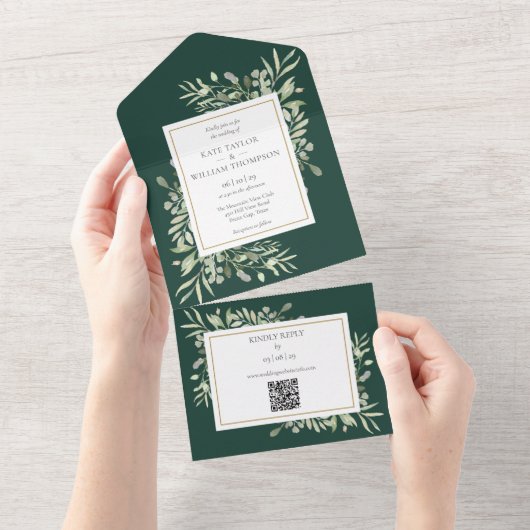 Emerald Greenery QR Code Wedding All In One Einladung (Abreißen)